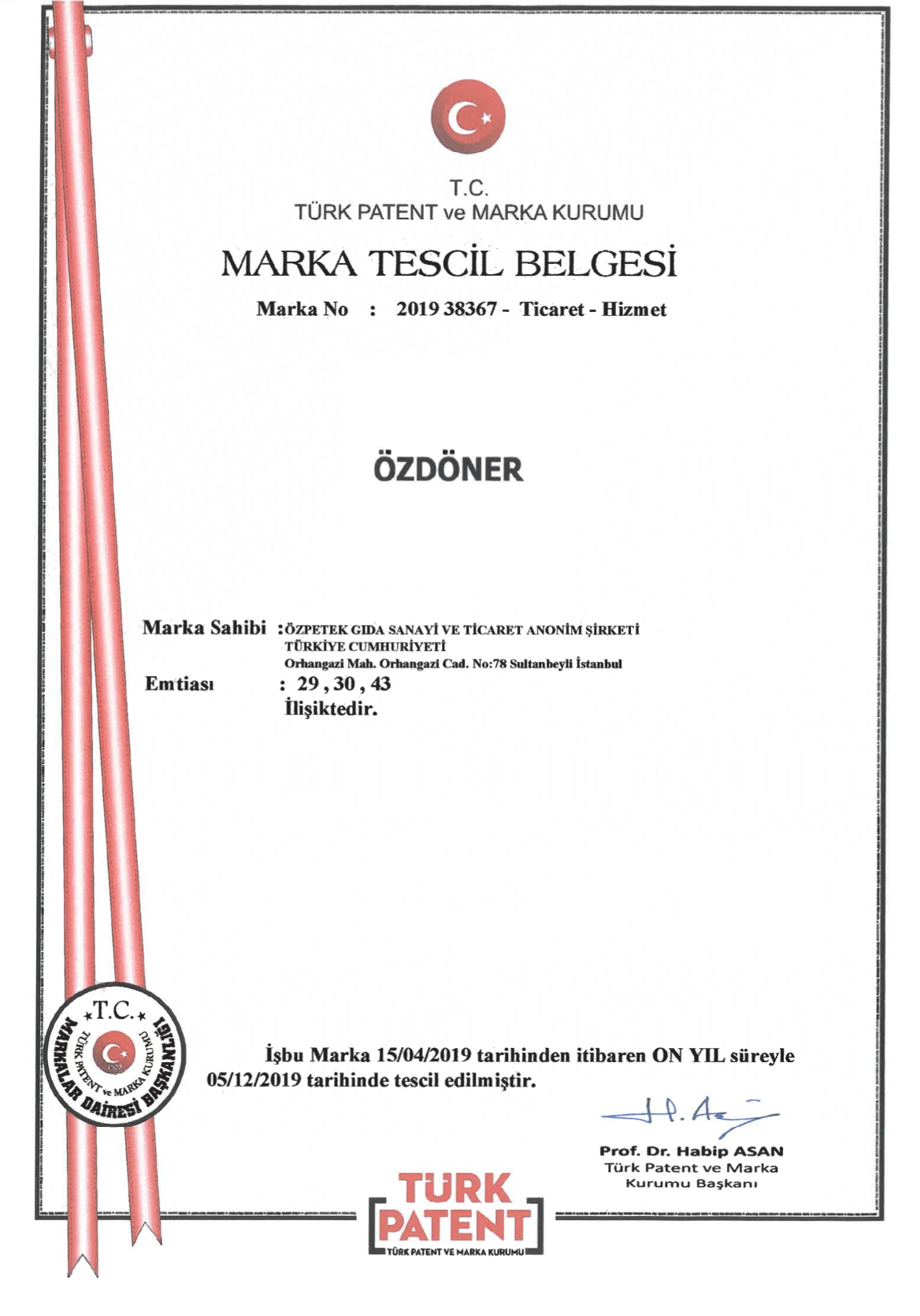 Özdöner Marka Tescil Belgesi