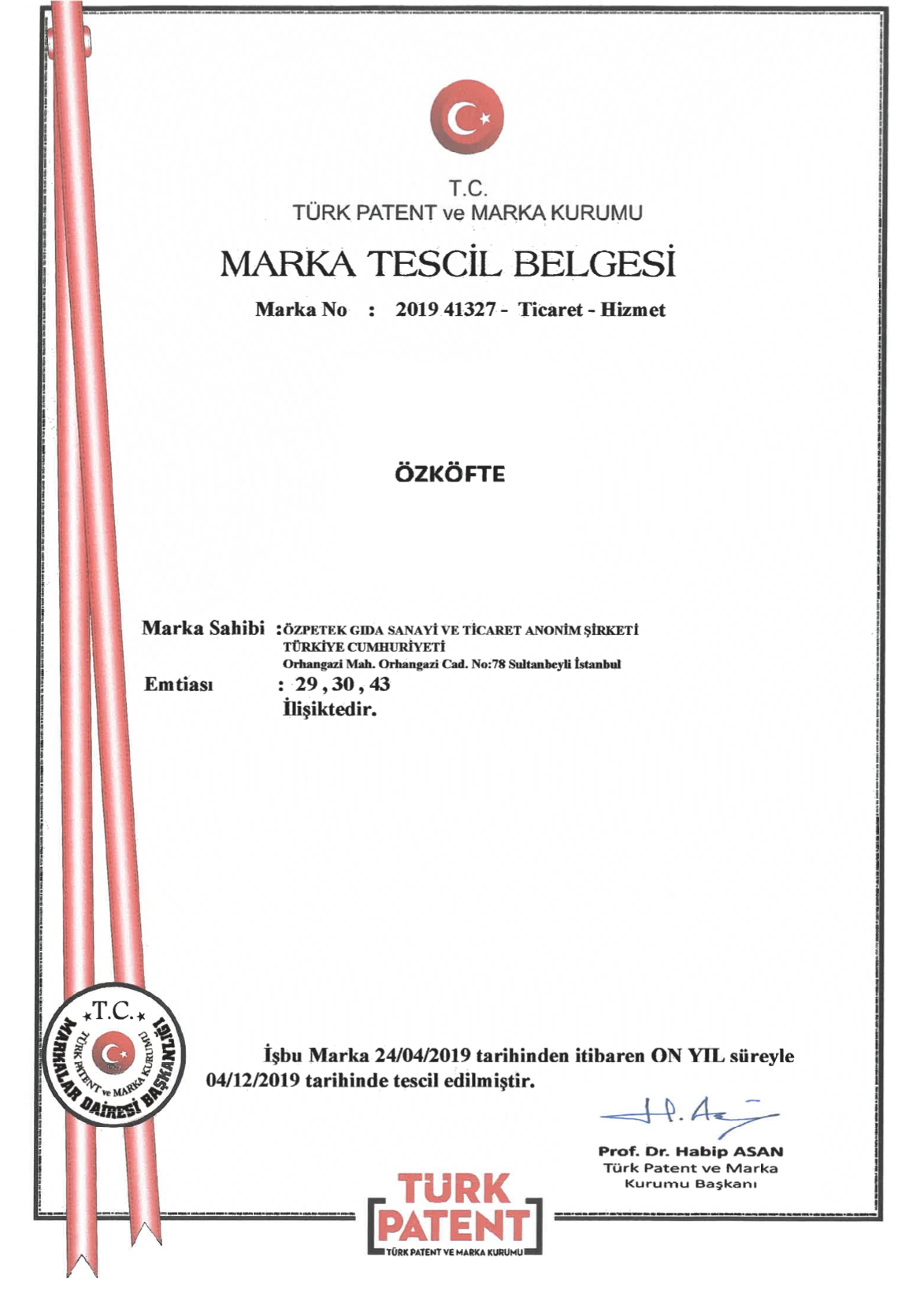 Özköfte Marka Tescil Belgesi